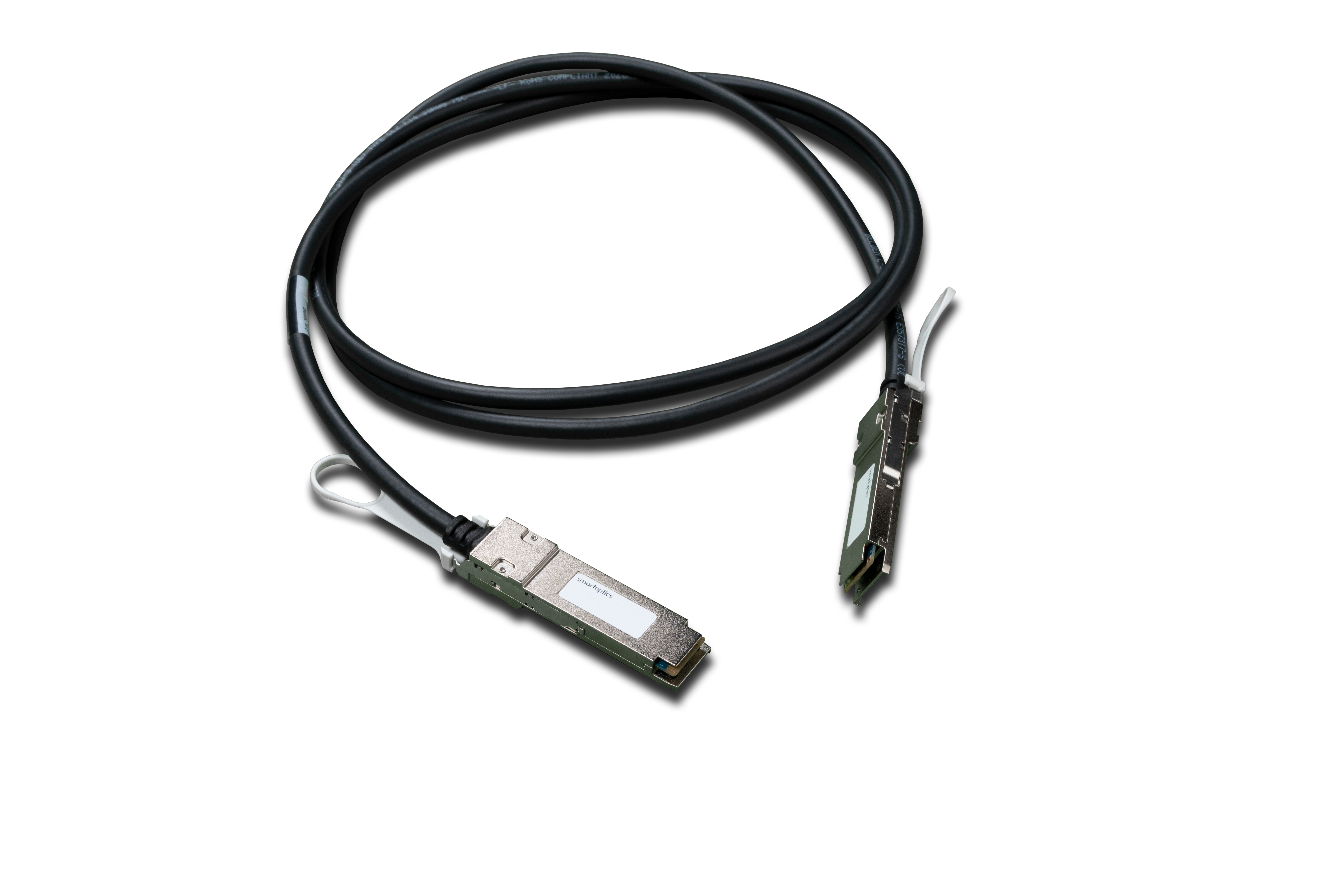 A black data cable with metal connectors at both ends, used for networking or server connections.