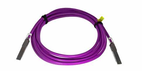 Purple fibre optic cable with silver connectors on both ends, coiled with black ties, on a white background.
