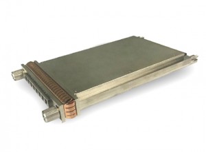 Rectangular metallic heat exchanger module with copper pipes and fittings, isolated on a white background.