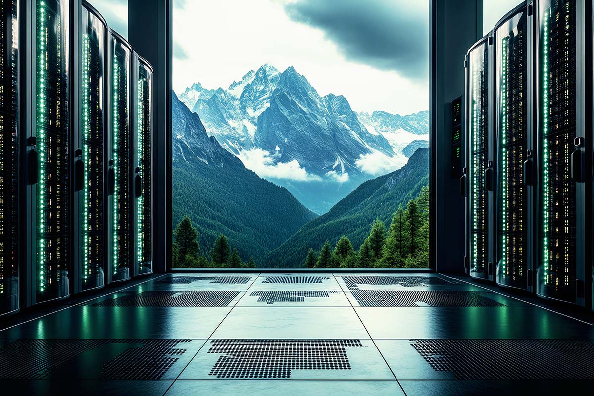 Server room with glowing racks, open to a scenic view of mountains and forests under a cloudy sky.