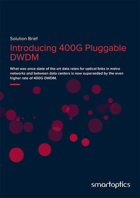 Dark cover with red circles, white and red text: "Introducing 400G Pluggable DWDM," and "smartoptics" logo at bottom.