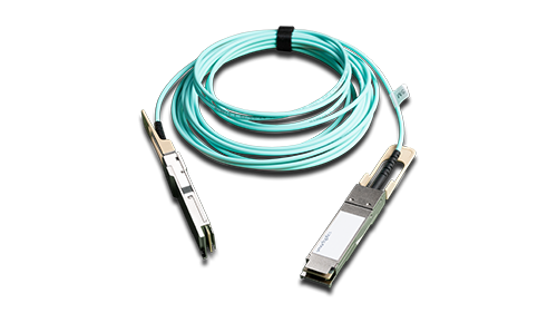 Aqua blue fibre optic cable with two silver SFP transceivers at each end, coiled on a white background.