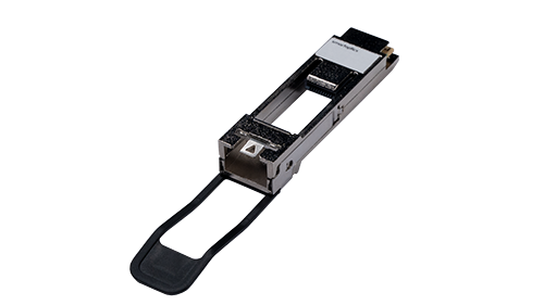 A close-up of a computer network fibre optic transceiver module with a black pull-tab.