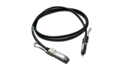 Black high-speed data cable with connectors on both ends, likely a Direct Attach Copper (DAC) cable.