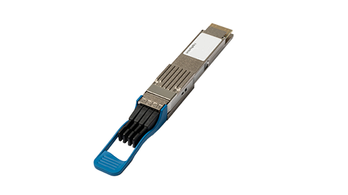 A fibre optic transceiver module with a blue pull tab, used for data communication in network equipment.