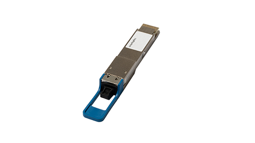 A close-up of a QSFP transceiver module with a blue pull-tab, used for network hardware connections.