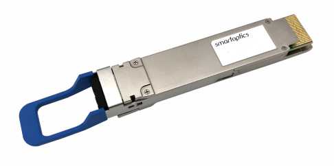 A silver optical transceiver module with a blue pull tab and a label reading "smartoptics".