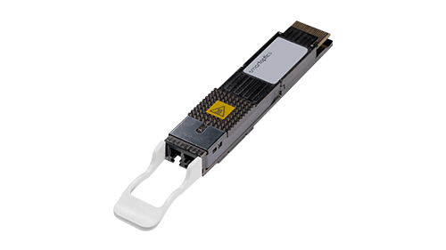 A computer network transceiver module with a metallic body and a white pull tab handle on one end.