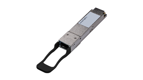 A metal optical transceiver module with a black pull-tab handle and a labelled sticker on top.