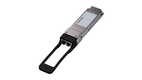 A close-up of a computer network transceiver module with a metallic body and a black pull tab.