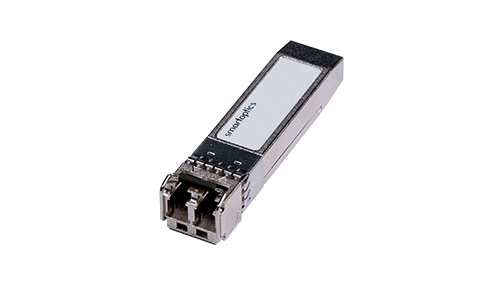 A metal SFP (Small Form-factor Pluggable) transceiver module with a white label on top.
