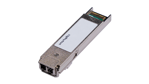 A metal optical transceiver module labelled 