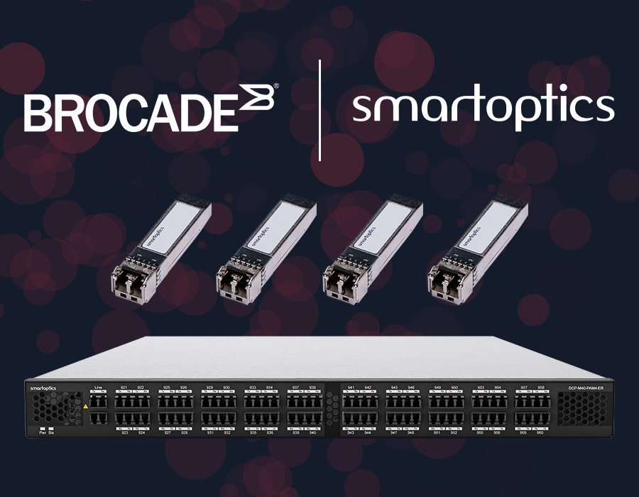 Network switch and four optical transceivers with Brocade and Smartoptics logos on a dark background.