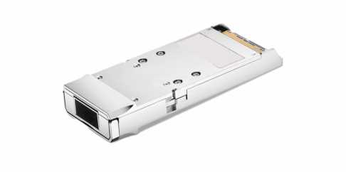A silver computer network transceiver module with a connector and metallic casing on a white background.