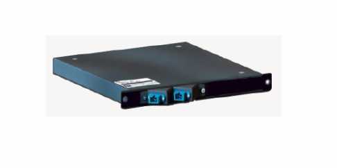 Black rackmount network patch panel with two blue fibre optic ports on the front.