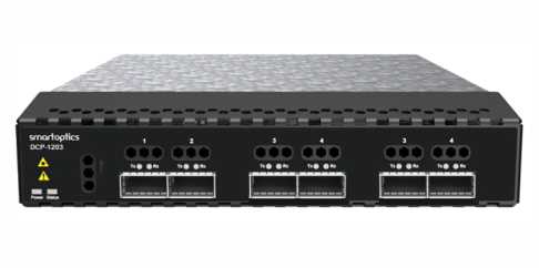 Black smartoptics DCP-1203 network device with multiple fibre ports and indicator lights on the front panel.