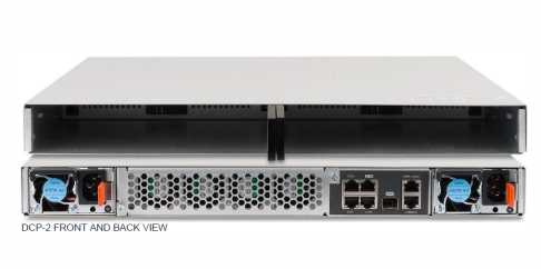 Front and back view of a DCP-2 server, showing network ports, cooling fans, and power supply modules.