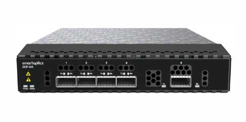 Black network switch device with multiple ports and labeled "smartoptics DCP-404" on the front panel.
