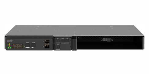 A black rackmount network switch or server with multiple ports and indicator lights on the left side.