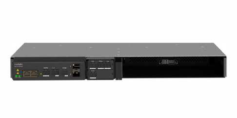 Black rack-mount network device with control panel, ports, and an empty slot on the right side.