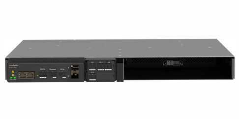 Black 1U rack-mountable network appliance with multiple ports and indicator lights on the front panel.