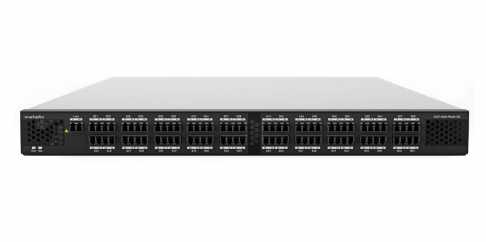 Front view of a network switch with multiple Ethernet ports and indicator lights.