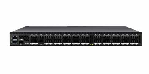 Front view of a network switch with multiple ports and indicator lights.