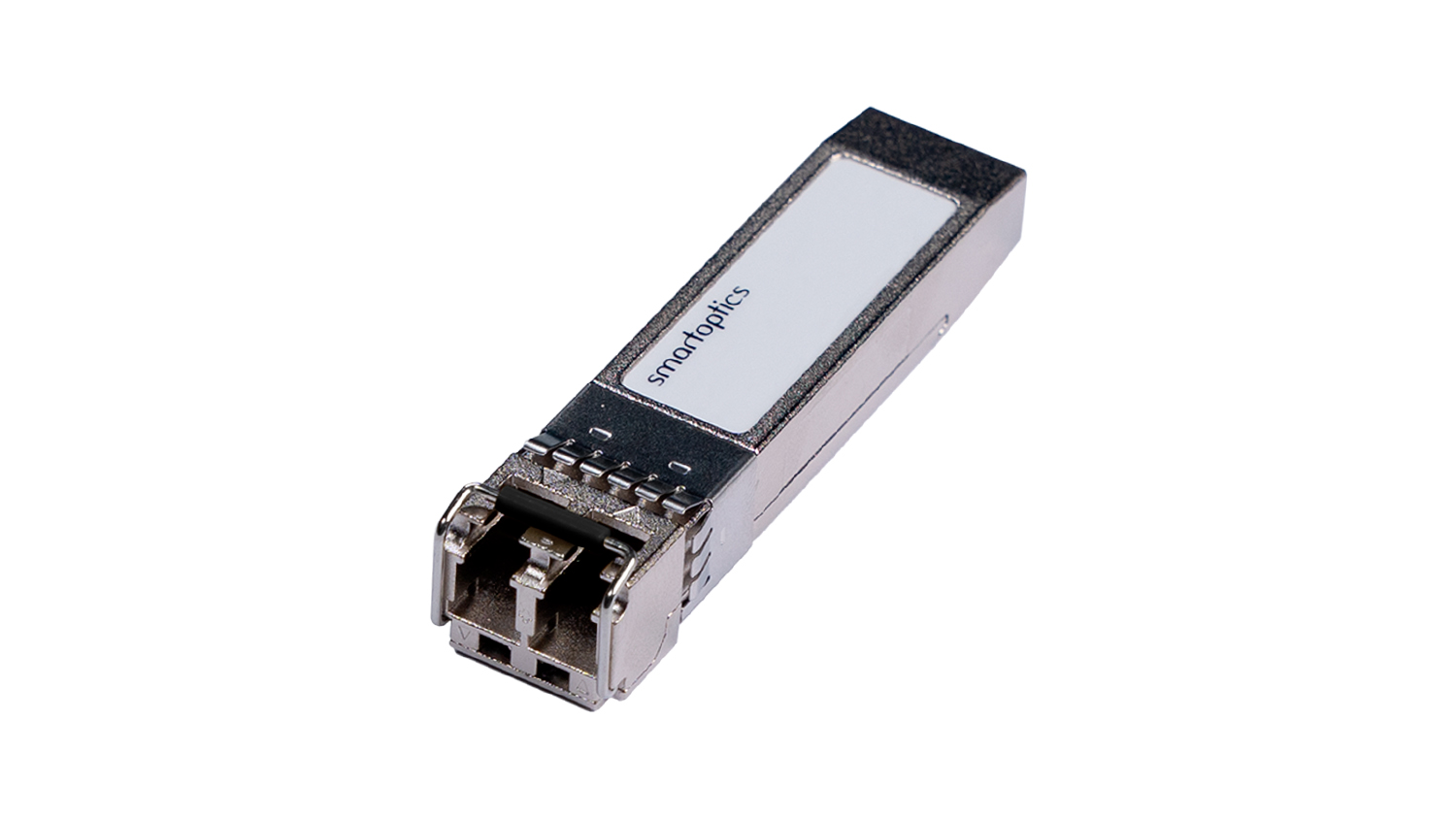 Silver SFP transceiver module with "smartoptics" label, isolated on a white background.