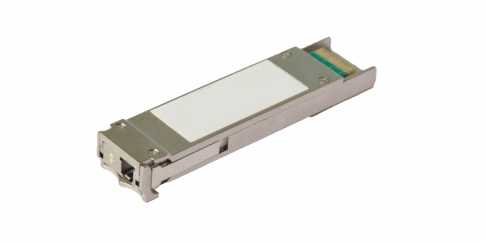 A metal and plastic computer network transceiver module on a white background.