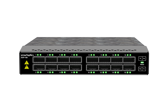 Front view of a Smartoptics DCP-106 network switch with 16 ports and green status LEDs.