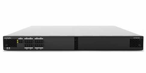 Front view of a black network switch or server device with multiple ports and vents.