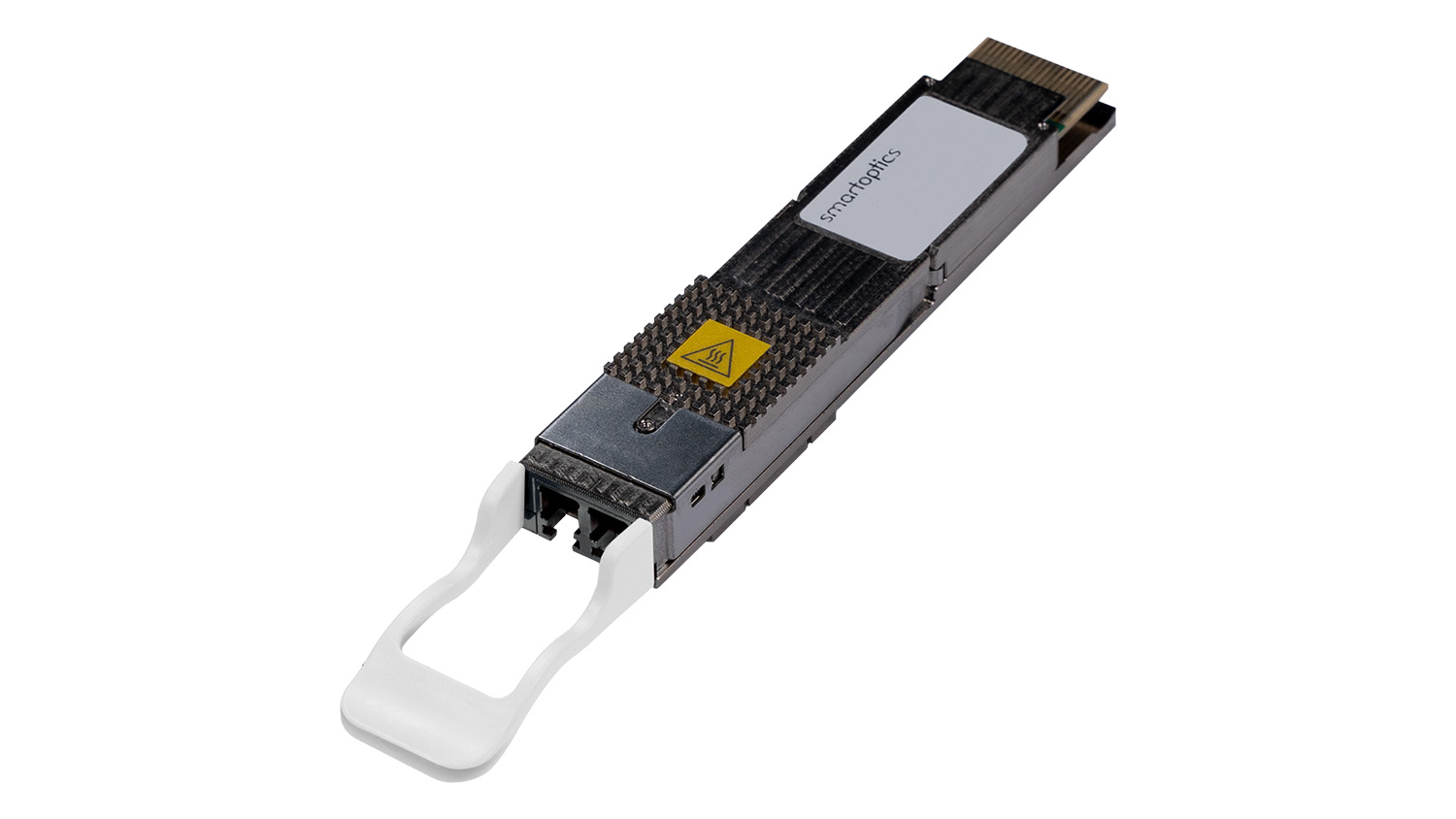 A fibre optic transceiver module with a heat warning label and a white pull tab on the left side.