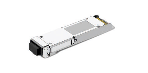 Silver and black computer network transceiver module, likely used for fibre optic or data communication connections.
