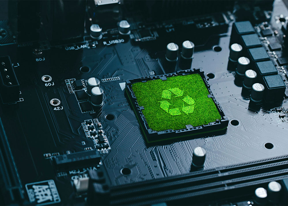 Computer motherboard with a green grass square and a recycling symbol in the centre.