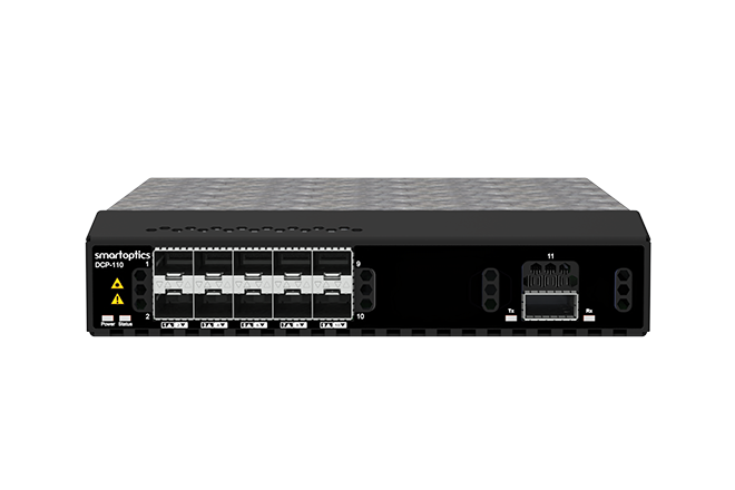 Front view of a smartoptics DCP-119 rack-mounted network device with multiple fibre ports.