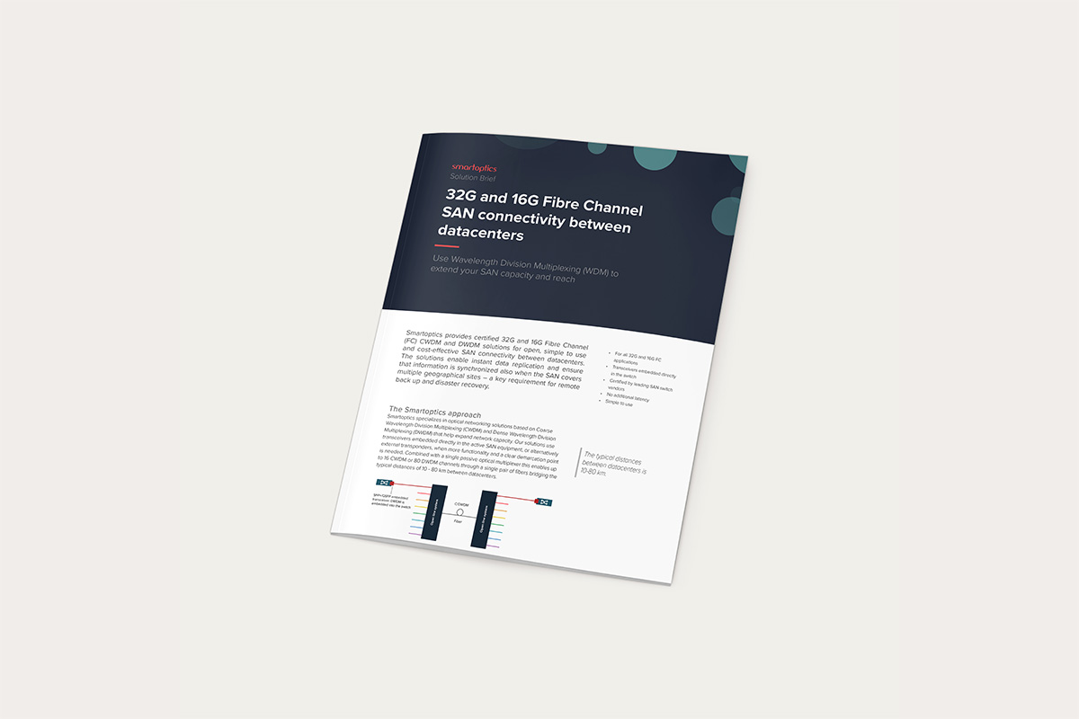 A brochure titled “32G and 16G Fibre Channel SAN connectivity between datacenters” on a plain background.