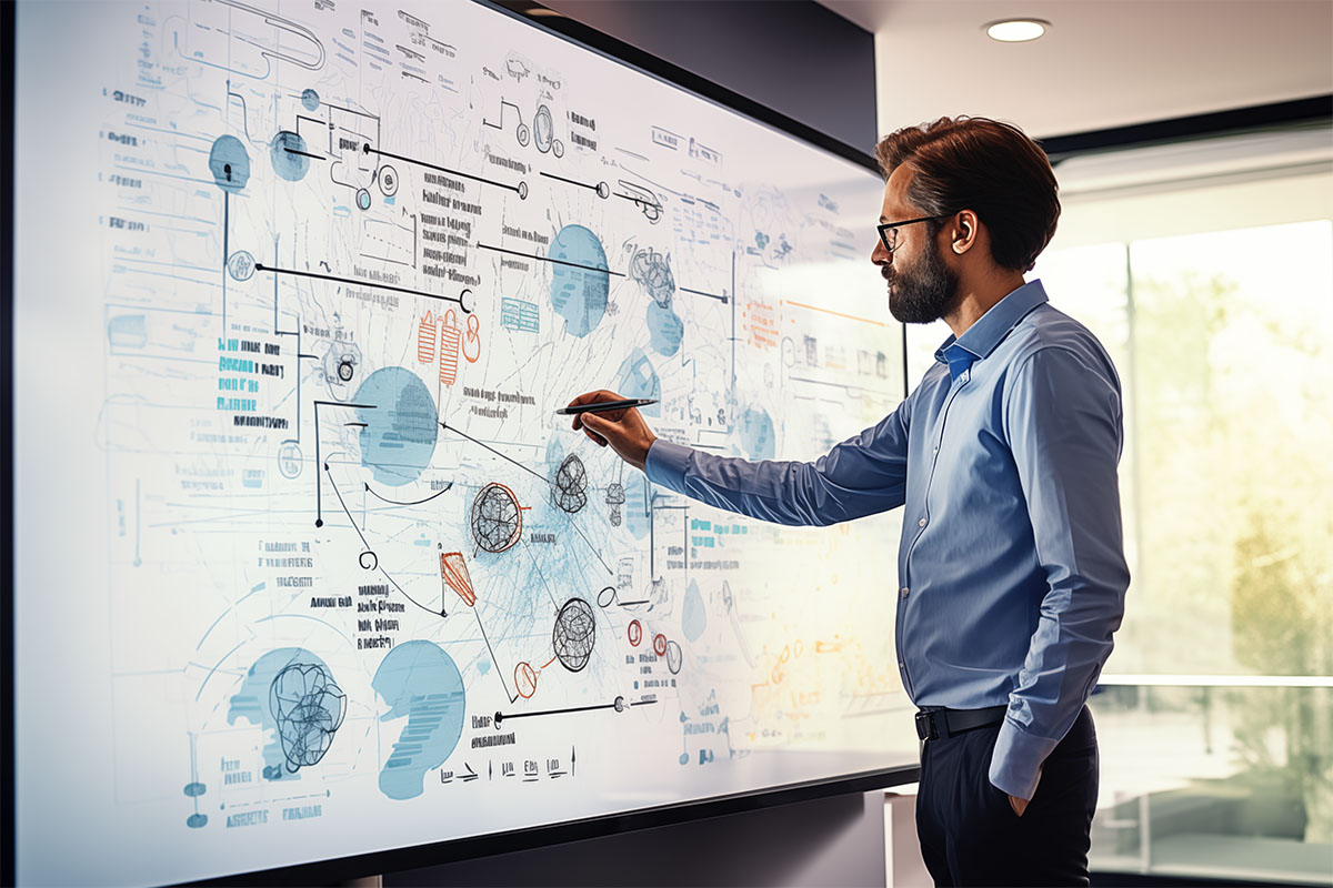 Man in blue shirt using a stylus to write on a large interactive digital whiteboard filled with diagrams and notes.