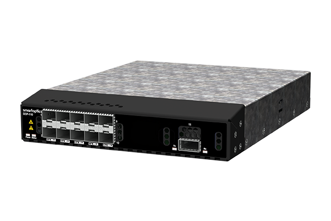 Black metal network switch or optical transponder with multiple ports on the front panel.