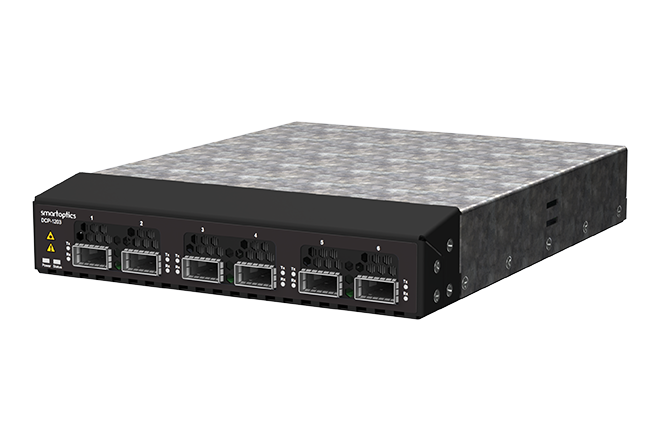 A grey and black network switch with multiple ports on the front panel, labelled "smartoptics" and "DCP-M40".