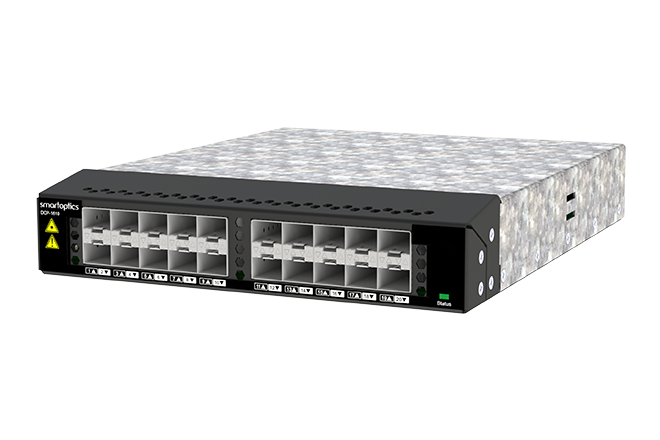 A silver network switch with multiple fibre ports and status lights on the front panel.