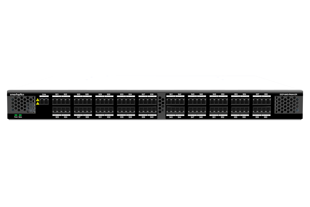 Front view of a Smartoptics network switch with multiple labelled ports and ventilation grills.