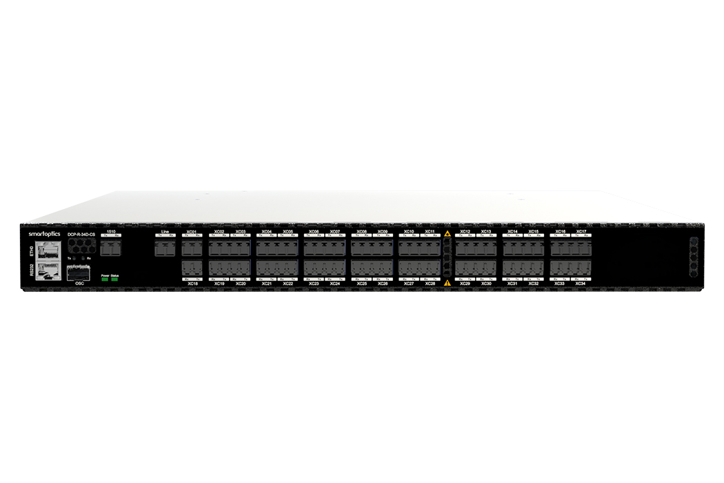 Front view of a rack-mounted network switch with multiple ports and indicator lights.