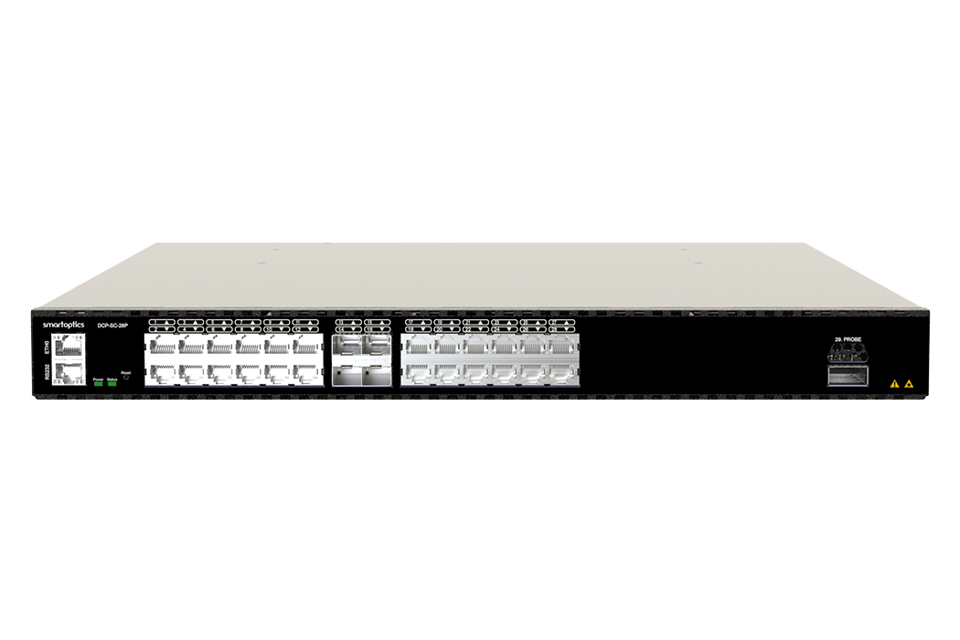 Front view of a Smartoptics DCP-SC-28P network switch with multiple ports and indicators.