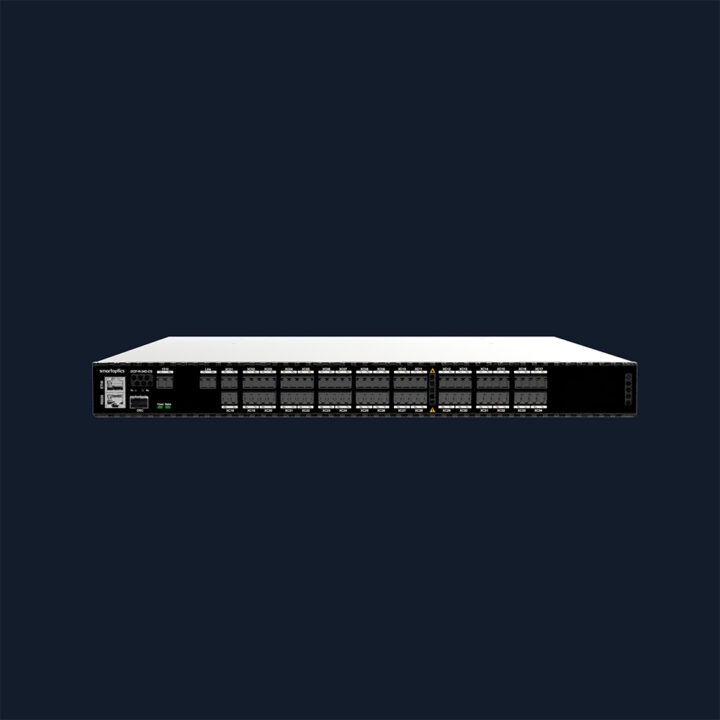 A network switch with multiple ports displayed on a dark background.