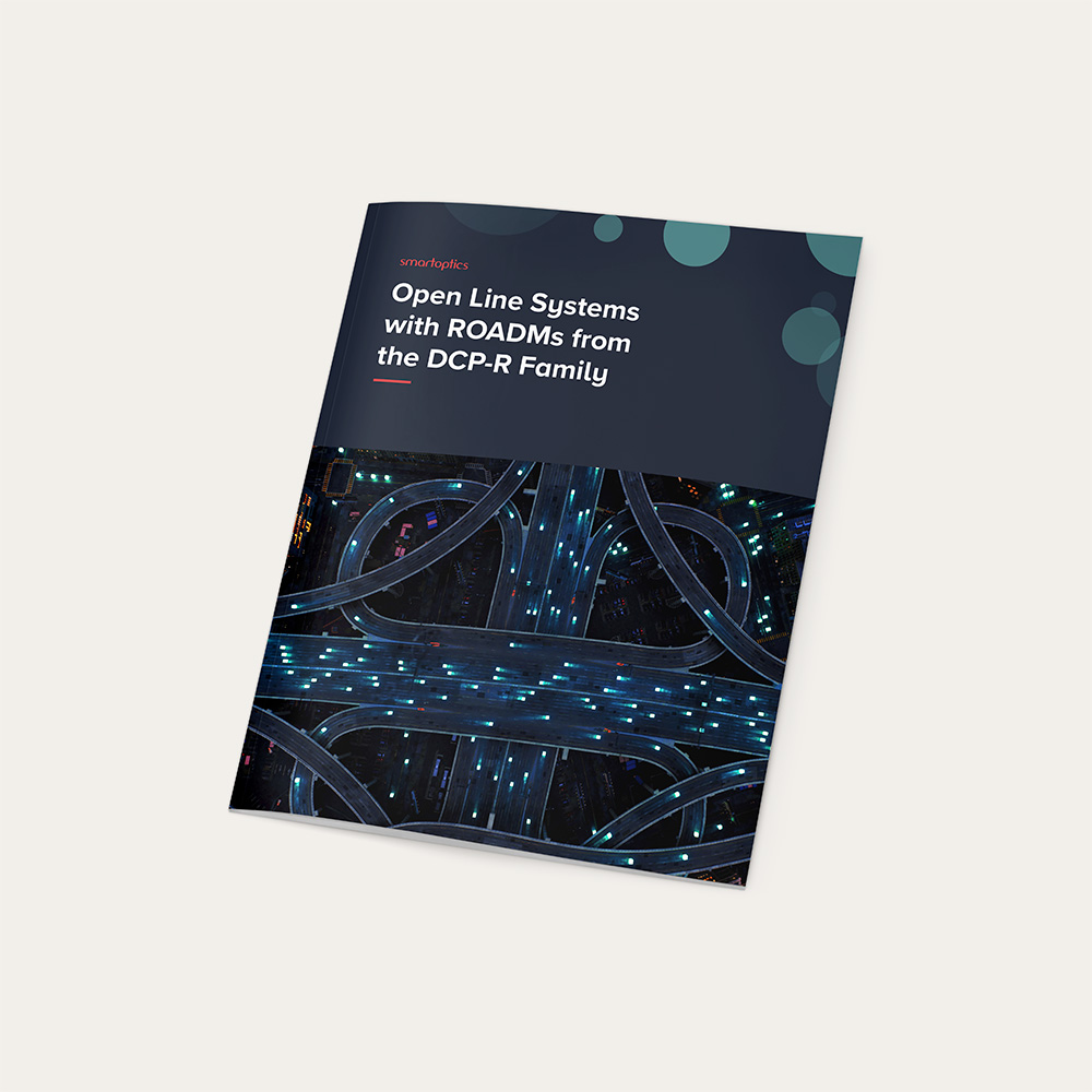Brochure titled "Open Line Systems with ROADMs from the DCP-R Family" with an aerial highway image.