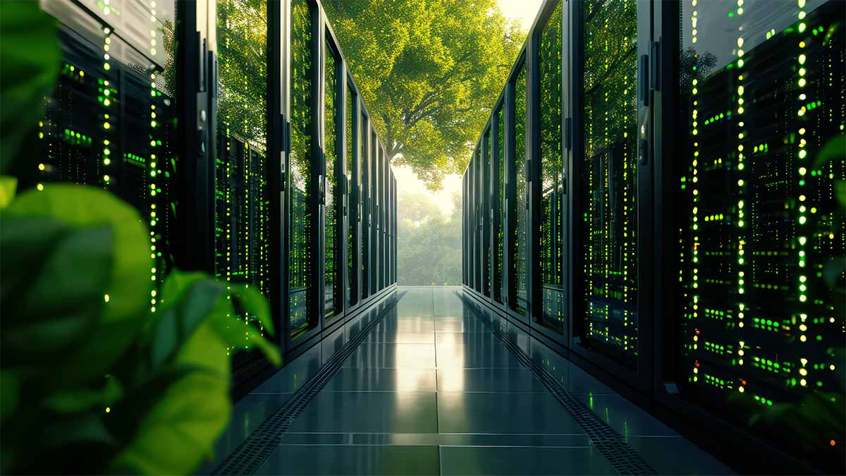 Server racks with green LED lights in a data centre, with plants and a large tree visible outside.