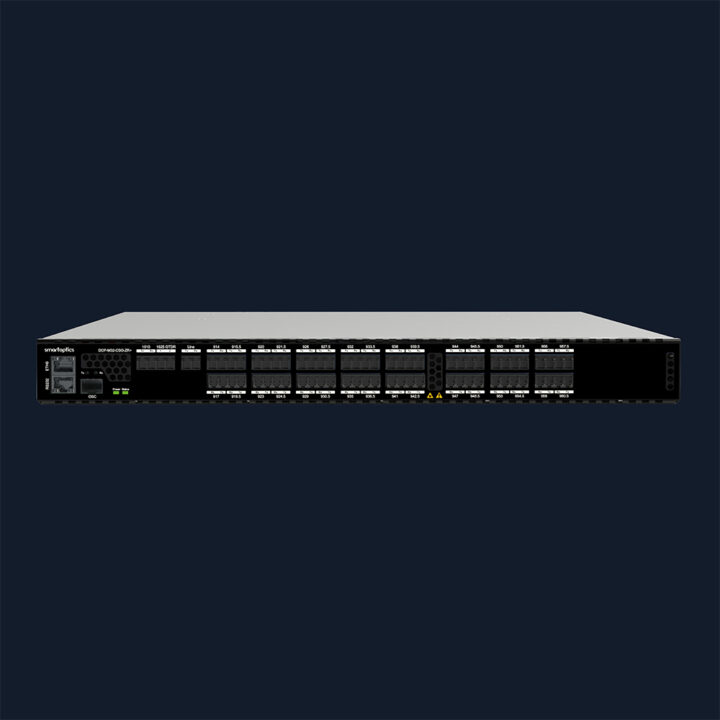 A front view of a network switch with multiple ports and indicator lights, set against a dark background.