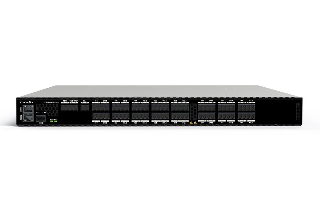 Black rack-mountable fibre network switch with multiple labelled ports and indicator lights on the front panel.