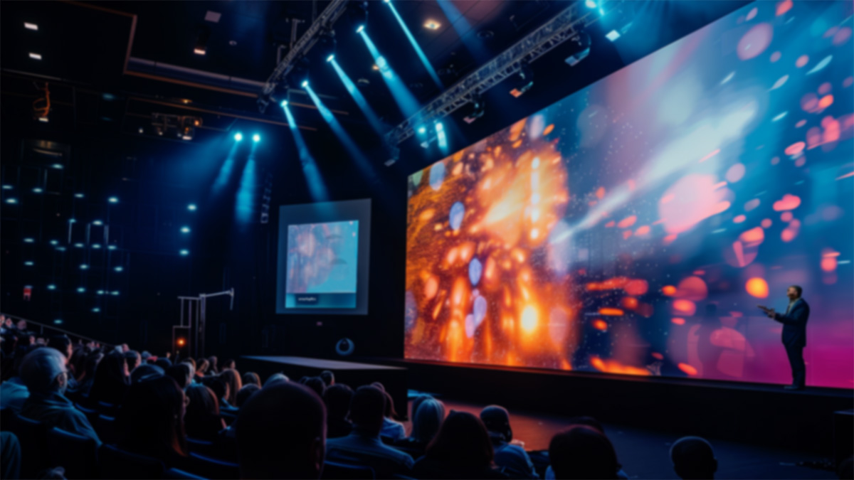 Audience watching a presenter on stage with vibrant, colourful lights and graphics projected on a large screen.