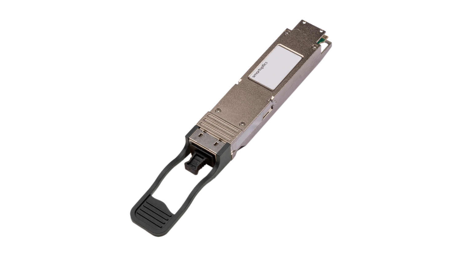 A silver optical transceiver module with a black handle, used for high-speed data communication.